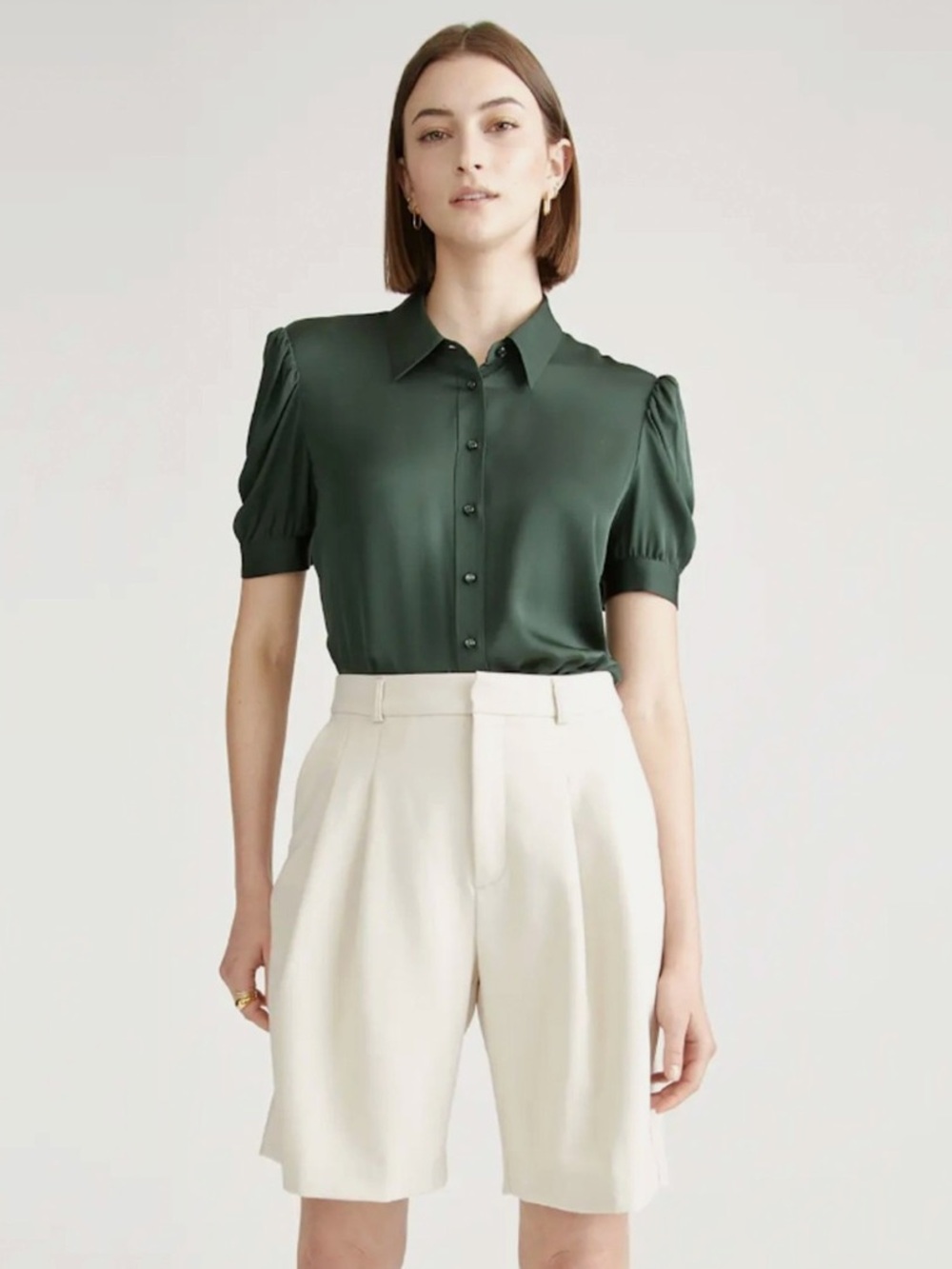 Quince Green Washable Stretch Silk Puff Sleeve Blouse